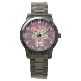 Carved-wood-look sugar skull w/ Floral Crown Watch