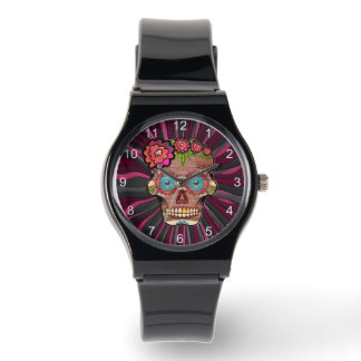 Carved-wood-look sugar skull w/ Floral Crown Watch