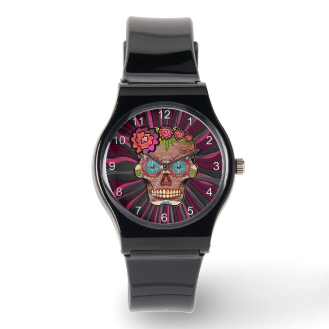 Carved-wood-look sugar skull w/ Floral Crown Watch (Front)