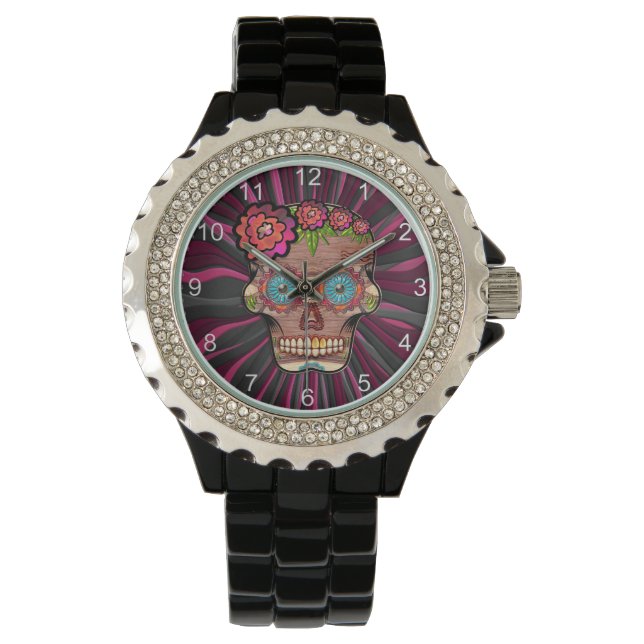 Carved-wood-look sugar skull w/ Floral Crown Watch (Front)