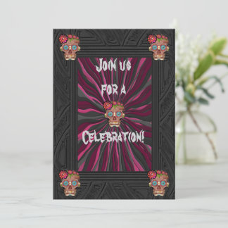 Carved-wood-look sugar skull w/ Floral Crowns Invitation