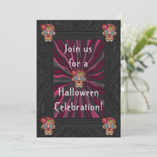 Carved-wood-look sugar skull w/ Floral Crowns Invitation