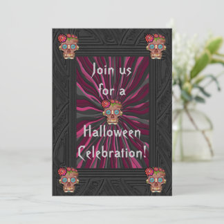 Carved-wood-look sugar skull w/ Floral Crowns Invitation
