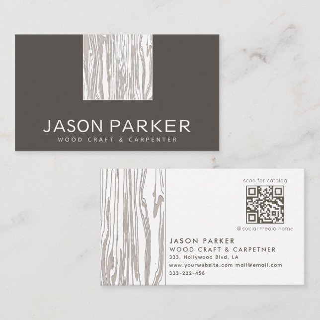 Carved wood modern professional carpenter Qr code  Business Card (Front/Back)