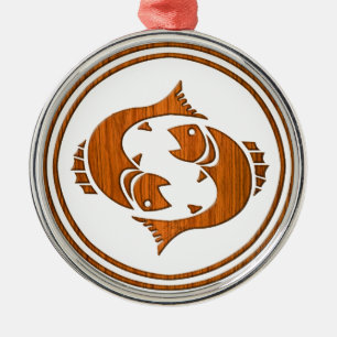 Carved Wood Pisces Zodiac Symbol Metal Tree Decoration