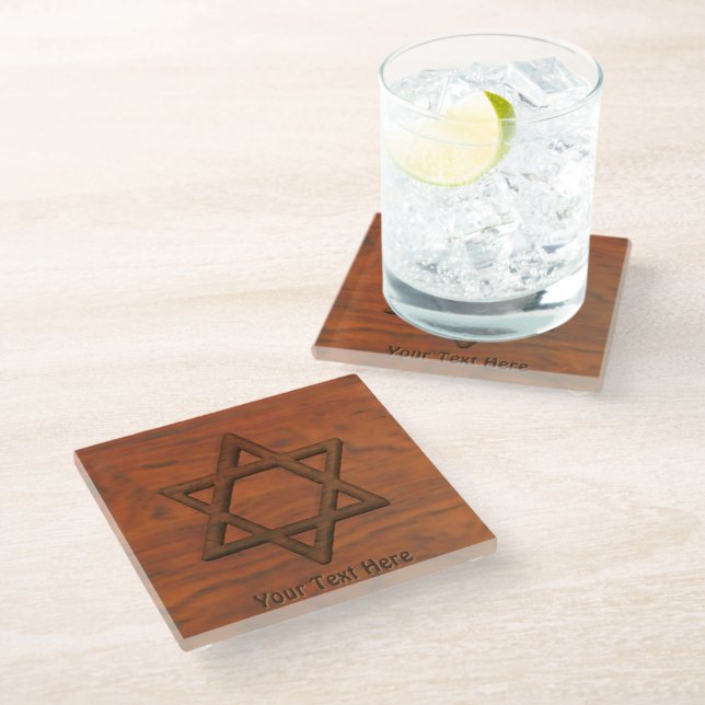 Carved Wood Star Of David Glass Coaster (Angled)