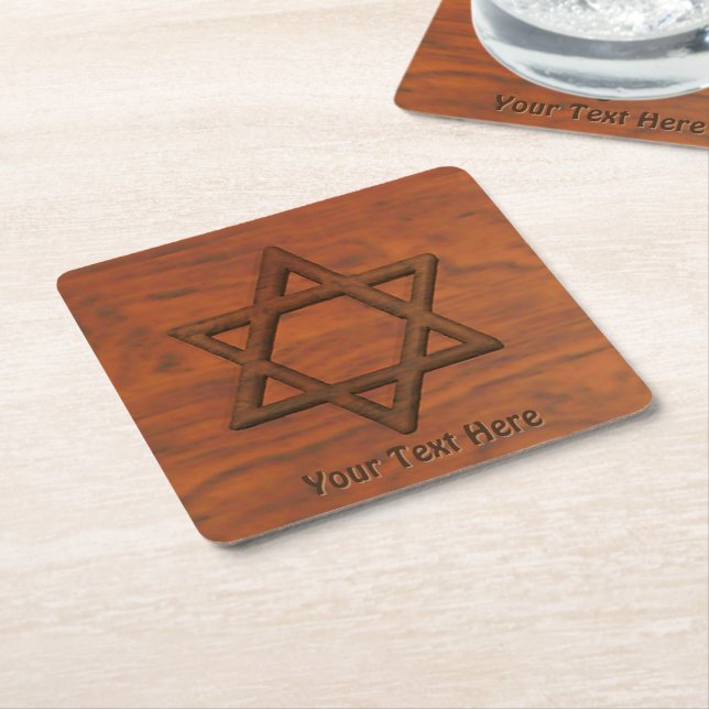 Carved Wood Star Of David Square Paper Coaster (Angled)