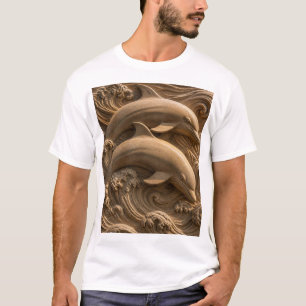 Carved Wooden Dolphins Ocean Waves Graphhic T-Shirt