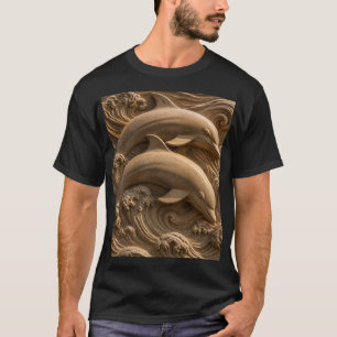 Carved Wooden Dolphins Ocean Waves Graphhic T-Shirt