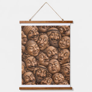Carved Wooden Faces Vintage Boho Pattern Hanging Tapestry