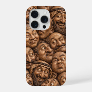 Carved Wooden Faces Vintage Boho Pattern iPhone 15 Pro Case