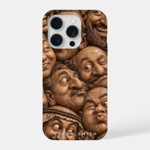 Carved Wooden Faces Vintage Boho Pattern iPhone 15 Pro Case