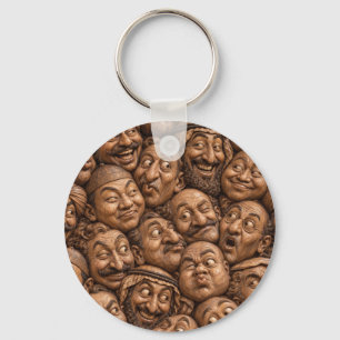 Carved Wooden Faces Vintage Boho Pattern Key Ring