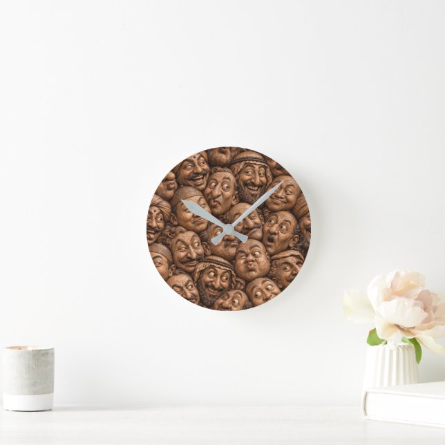 Carved Wooden Faces Vintage Boho Pattern Round Clock (Home)