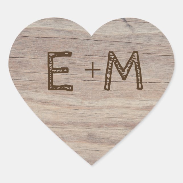 Carved Wooden Heart Rustic Initials Wedding Sticker (Front)
