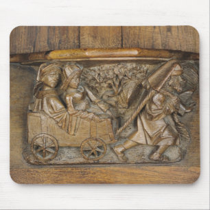 Carving depicting a couple in cart pulled by a mouse pad