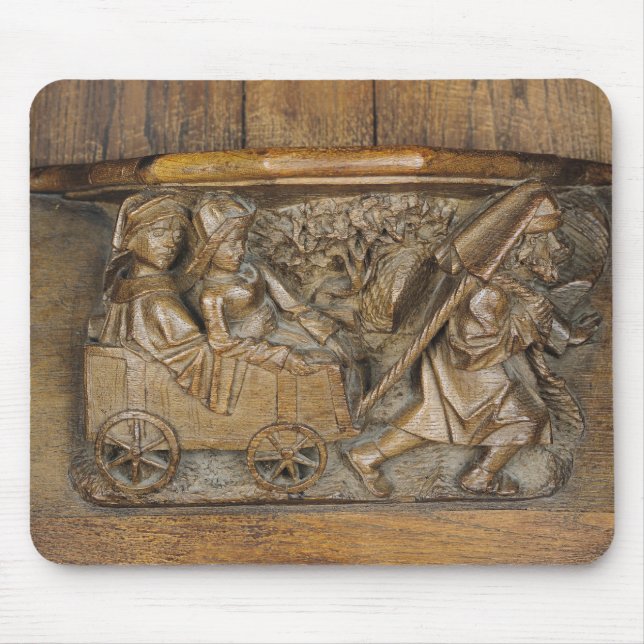 Carving depicting a couple in cart pulled by a mouse pad (Front)