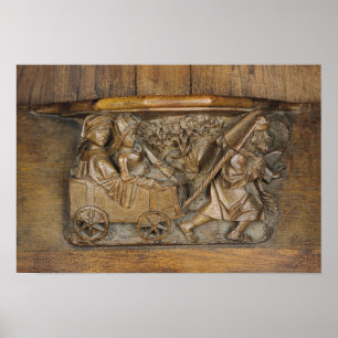 Carving depicting a couple in cart pulled by a poster