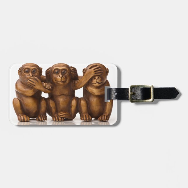 Carving of three wooden monkeys luggage tag (Front Horizontal)
