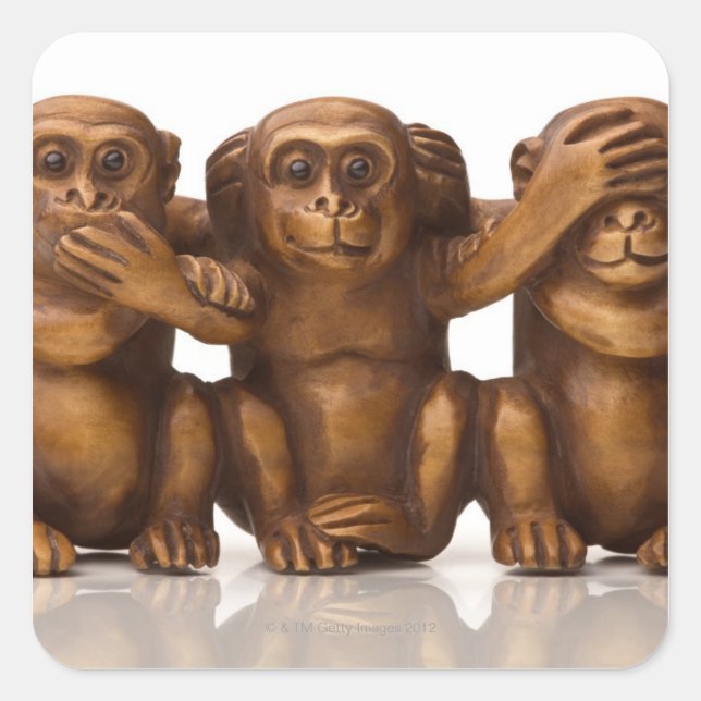 Carving of three wooden monkeys square sticker (Front)