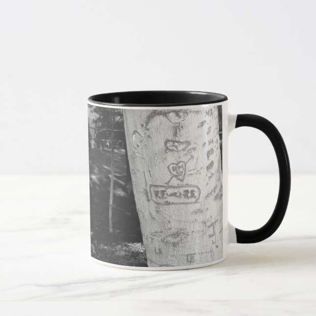 Carving on birch tree trunk B&W Mug (Right)