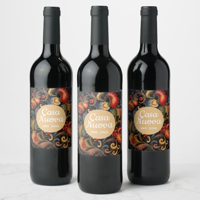 Casa Nuova New Home Rosepaint Rosemaling 2 of 6 Wine Label (Bottles)