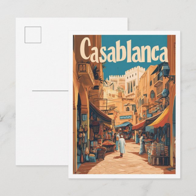 Casablanca Morocco Art Vintage Travel Illustration Postcard (Front/Back)