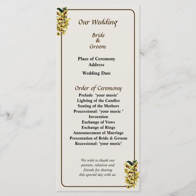 Cascade of Yellow Orchids Wedding Program Programme (Front)