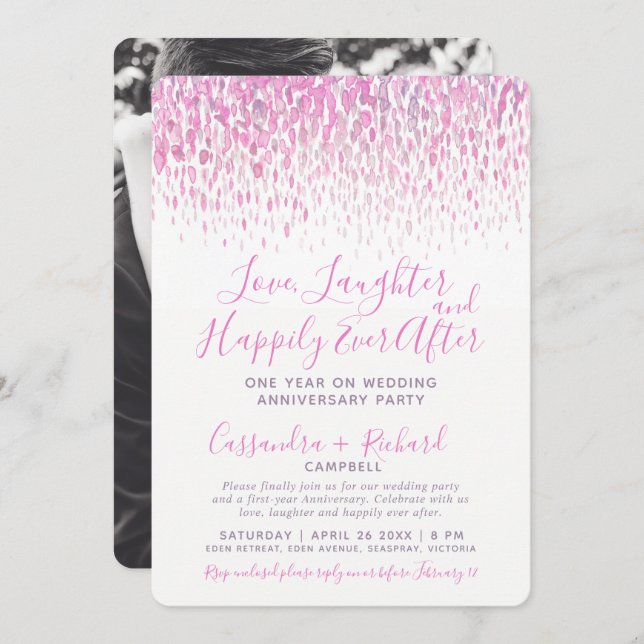 Cascade pink purple art one year on wedding party invitation (Front/Back)