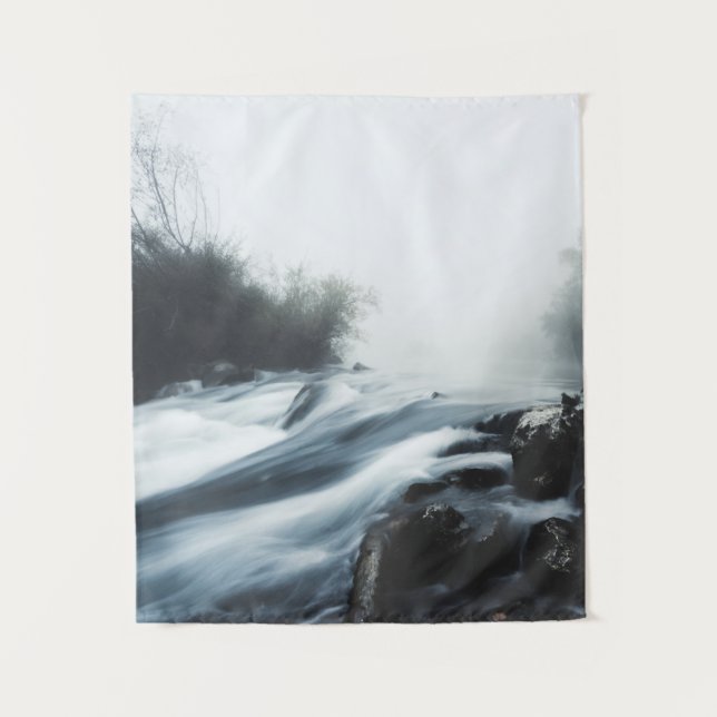 Cascade waterfall on foggy mystical morning tapestry (Front)