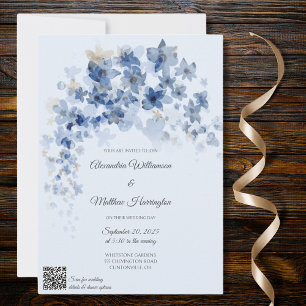 Cascading Blue Flowers QR Code Wedding Invitation