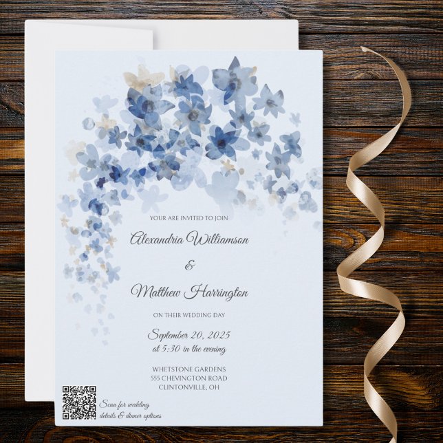 Cascading Blue Flowers QR Code Wedding Invitation (Creator Uploaded)