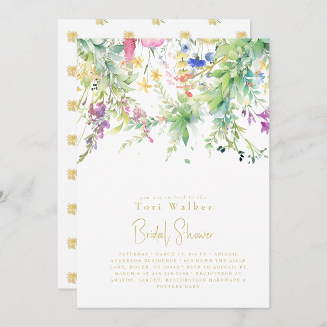 Cascading Boho Yellow Wildflower Bridal Shower  Invitation (Front/Back)