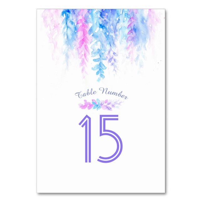 Cascading flowers blue watercolor table numbers (Back)