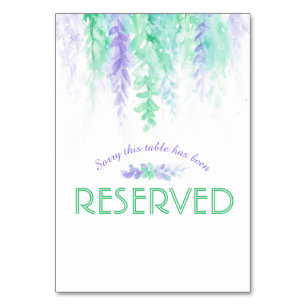 Cascading flowers purple green watercolor reserved table number