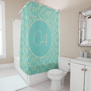 Cascading Gold Flowers on Teal Monogram Shower Curtain