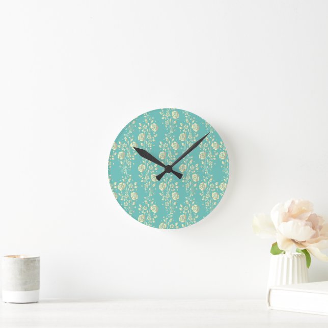 Cascading gold flowers on teal round clock (Home)