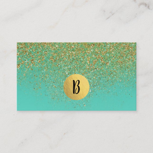 Cascading Gold Glitter & Teal Aqua Glam Trendy Business Card (Front)