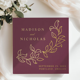 Cascading Merlot and Gold Foil Leaves Wedding Guest Book
