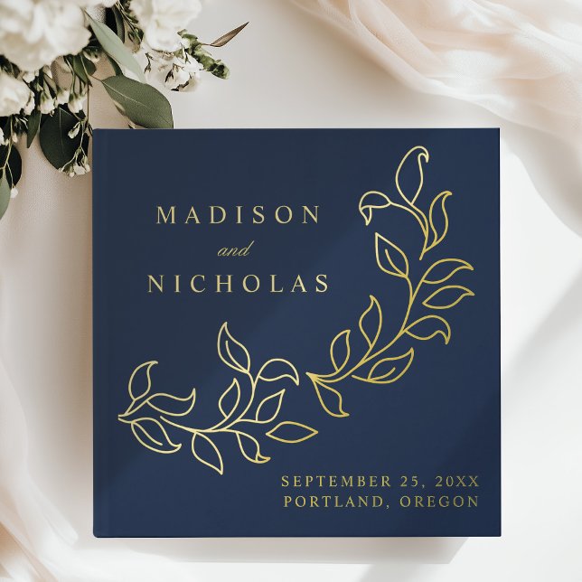 Cascading Navy and Gold Foil Leaves Wedding Guest Book (Creator Uploaded)