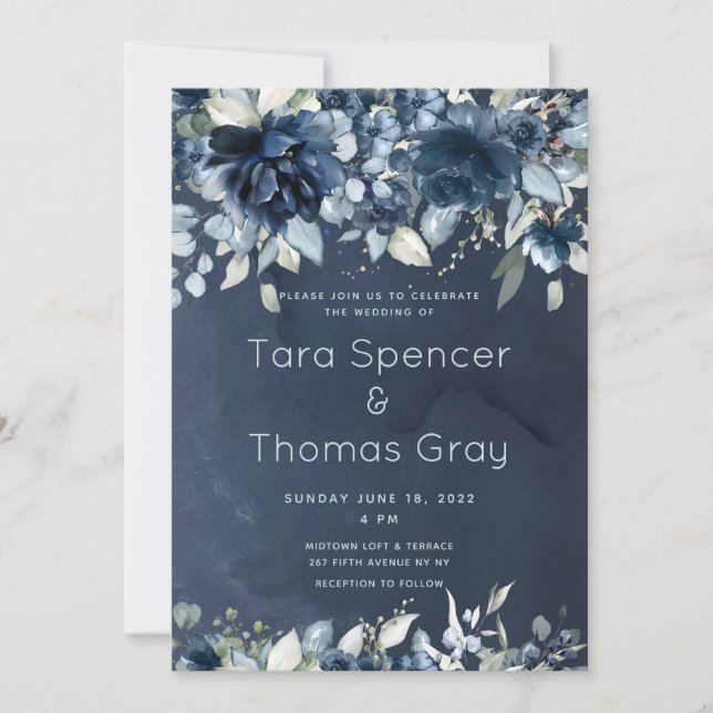 Cascading Navy Blue Peonies Wedding Invitation (Front)