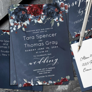 Cascading Peonies Burgundy Navy Wedding Invitation