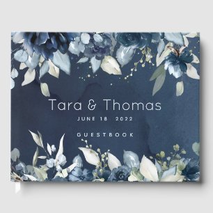 Cascading Peonies Wedding Navy Blue Guest Book