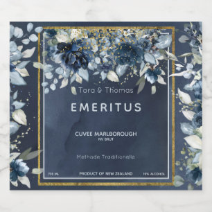 Cascading Peonies Wedding Navy Sparkling Wine Labe Label
