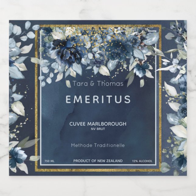 Cascading Peonies Wedding Navy Sparkling Wine Labe Sparkling Wine Label (Single Label)