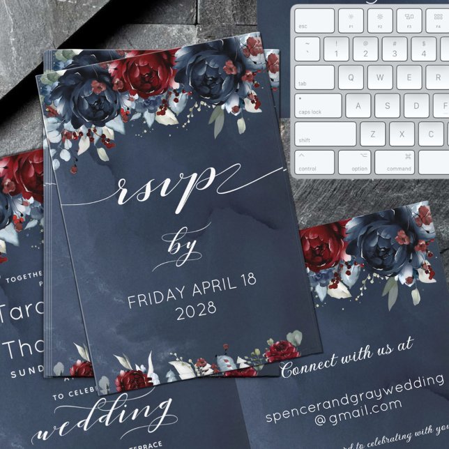 Cascading Peony Burgundy Navy Wedding Online RSVP Card (Creator Uploaded)