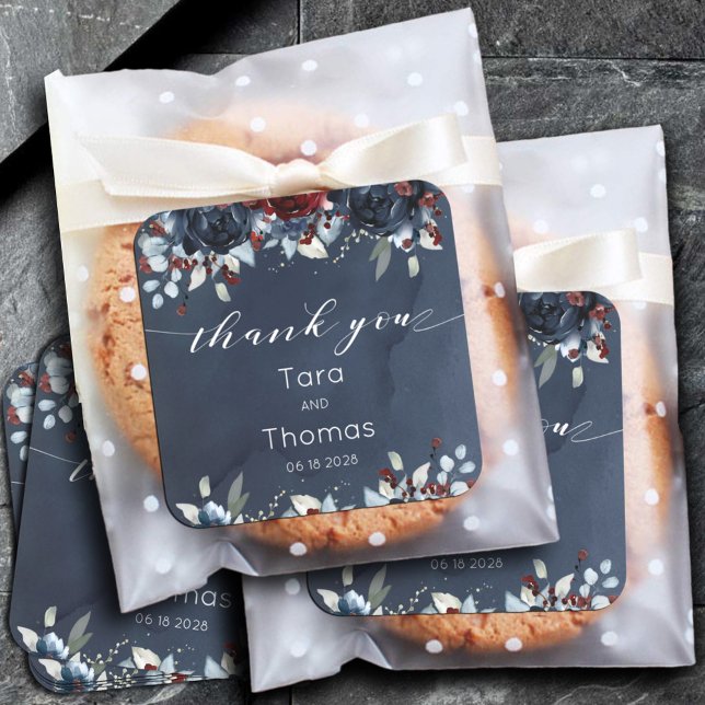 Cascading Peony Burgundy Navy Wedding Thank You Square Sticker (Creator Uploaded)