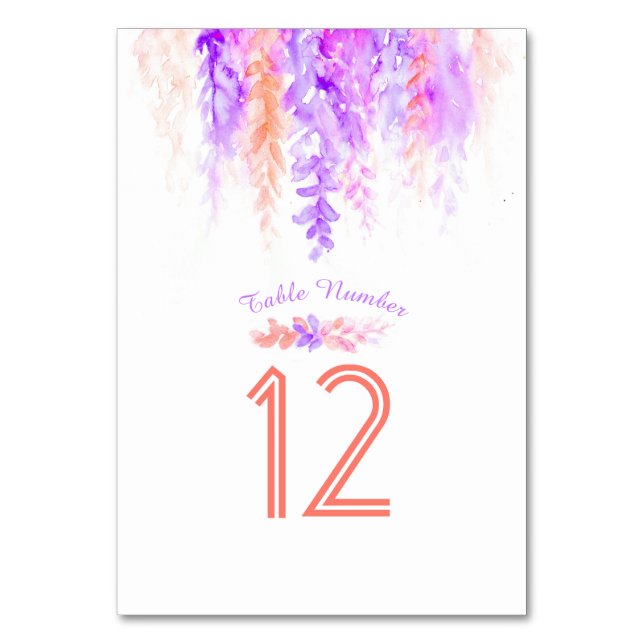 Cascading purple orange watercolor table numbers (Back)