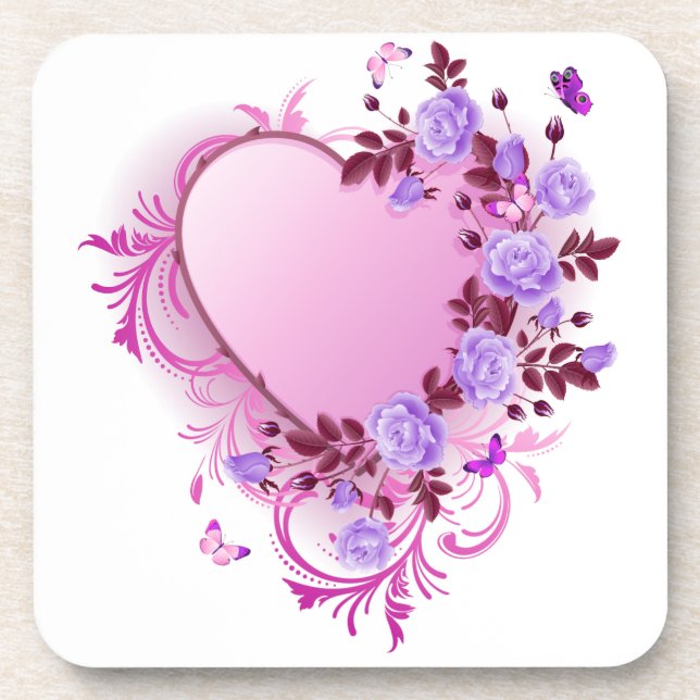 Cascading Roses Lavender Heart Coaster (Front)