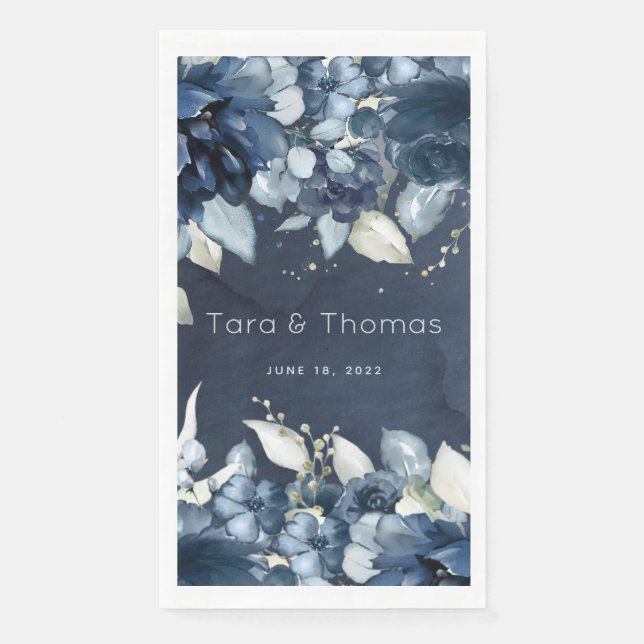 Cascading Roses Wedding Long Navy Dinner Napkin (Front)